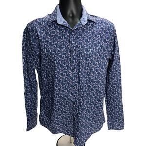 QUIETI Men’s Floral Button-Up‎ Shirt Small Navy Blue 100% Cotton Long Sleeve